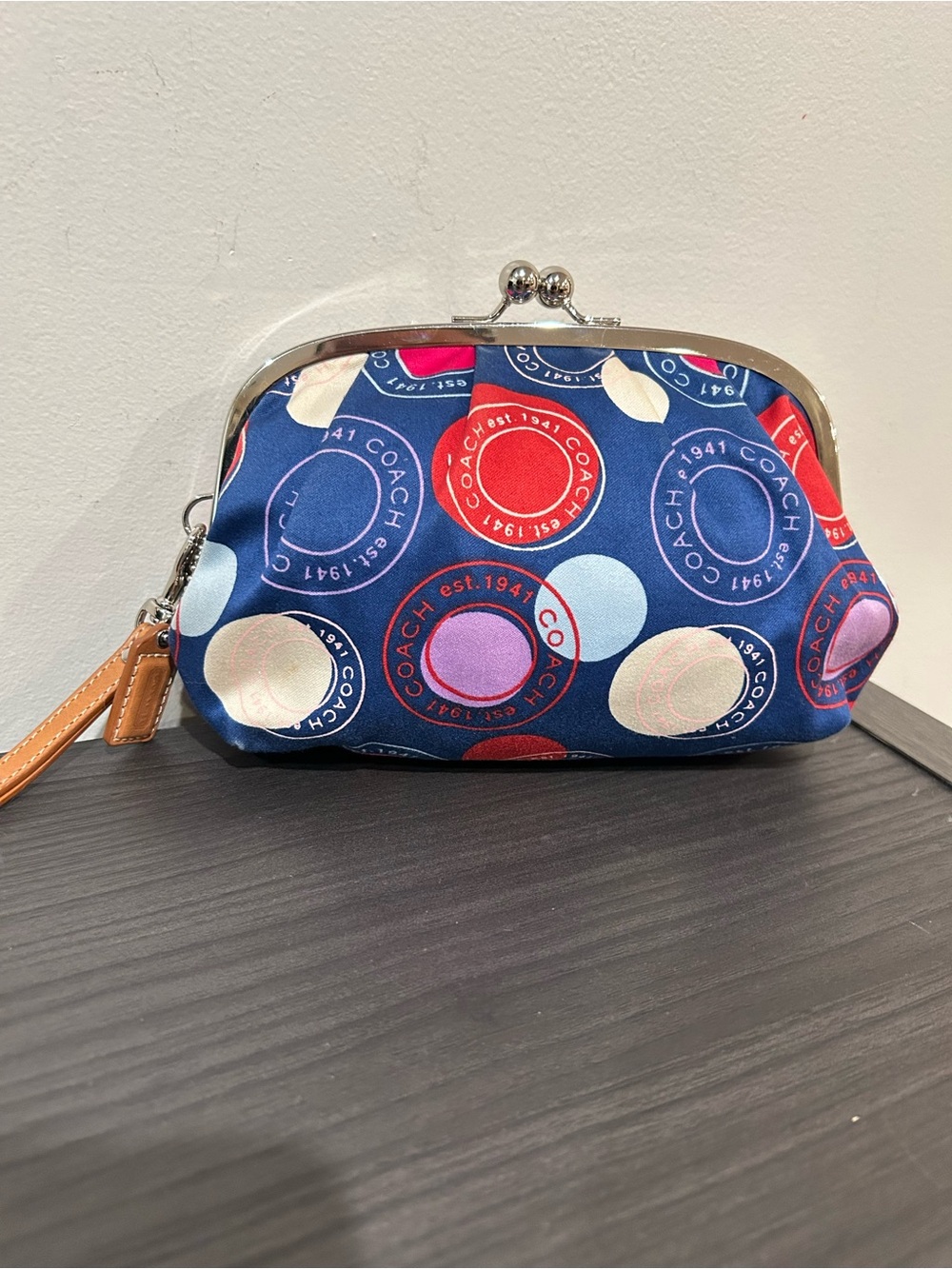 Coach Kiss Lock Closure - Blue Satin Circles and Polka Dot Wristlet/Clutch EUC - Picture 4 of 7